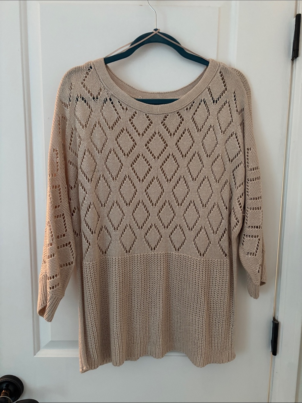 Marled Beige Open-Knit Scoop Neck Sweater